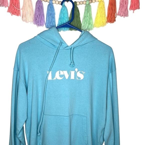 Levi’s Sky Blue Graphic Logo Pullover Knitted Hooded Sweatshirt Size Medium - Picture 5 of 16